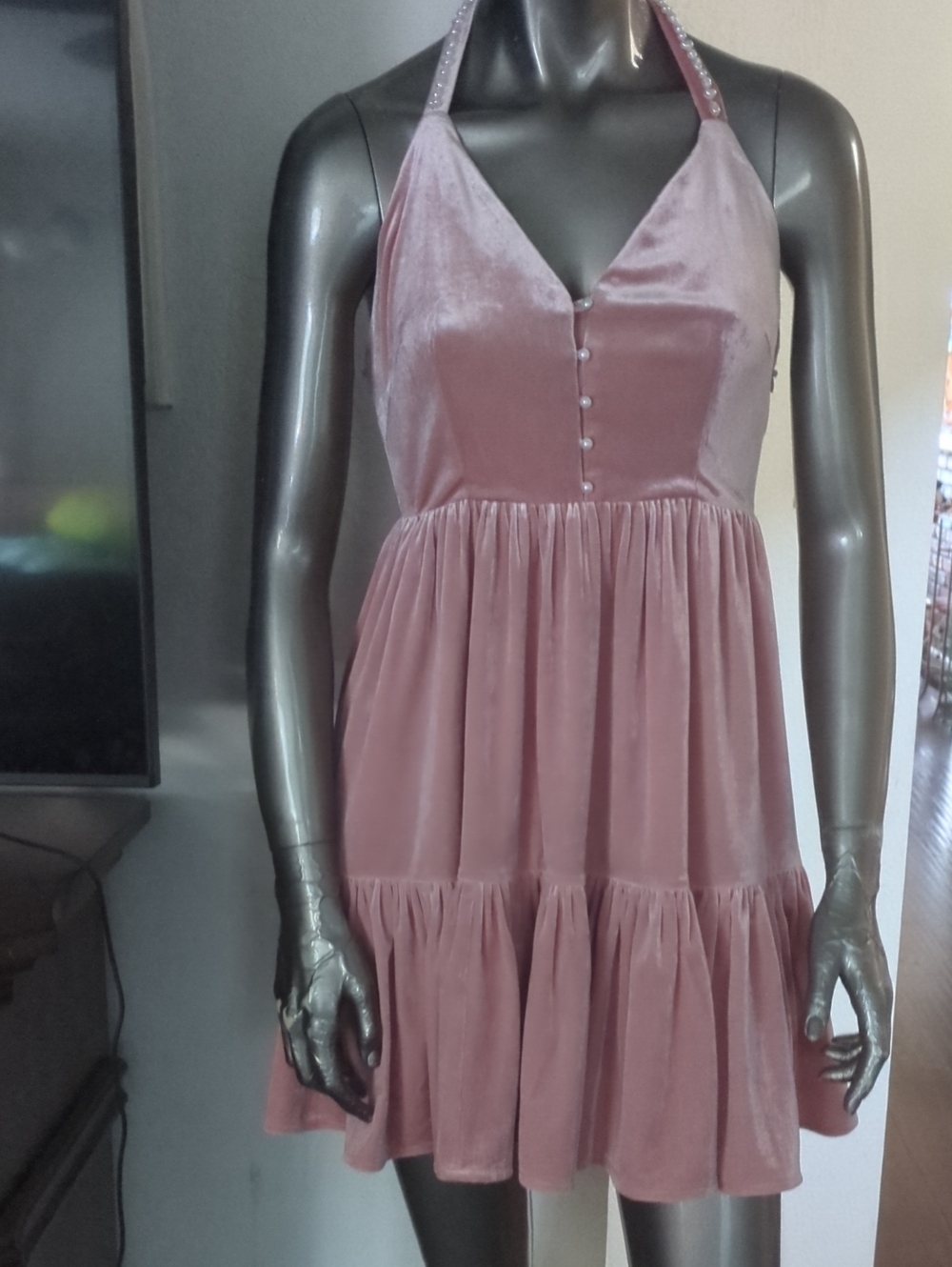 Velvet Halter Tiered Mini Dress in Mauve Pink